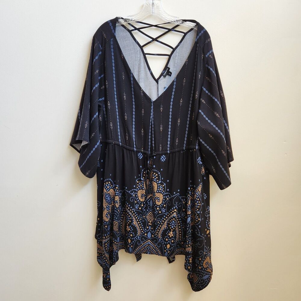 Torrid Blouse Womens 3 Black Graphic Smocked Tunic Top Short Sleeve Drawstring